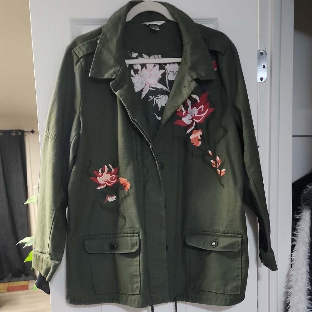 Christopher & Banks Olive Floral Utility Jacket